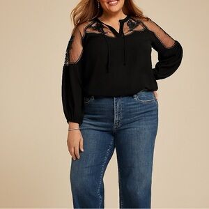 Studio Y Floral Embroidered Sheer Yoke Peasant
Blouse